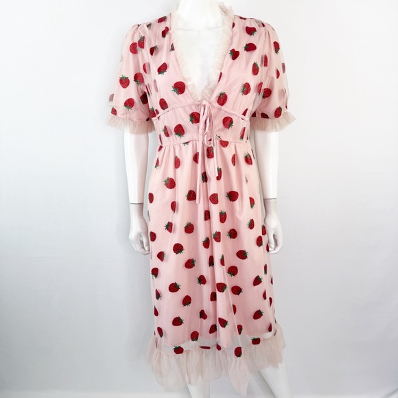 Tu Tu Home Dresses & Skirts - Tu Tu Home Pink Sparkly Strawberry Dress Size L Tulle Ruffle Hem Coquette Summer